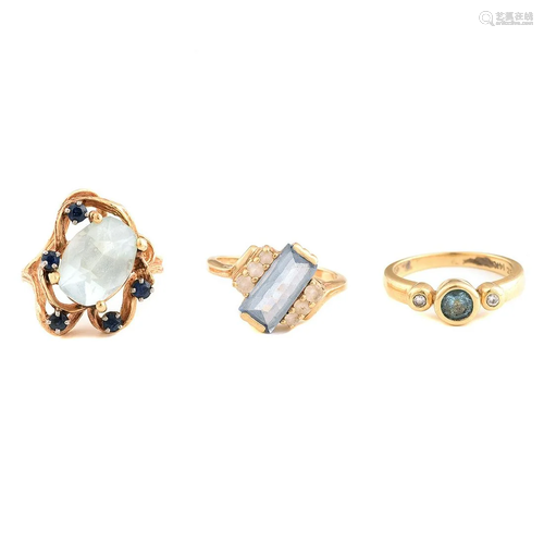 Collection of Three Multi-Stone, Diamond, Yellow Gold