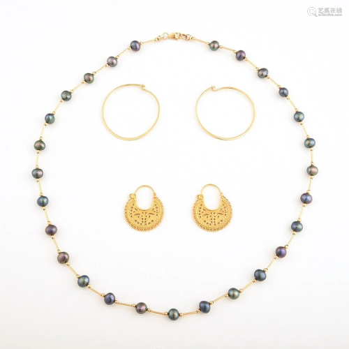 Collection of Three Cultured Pearl, 14k Yellow Gold
