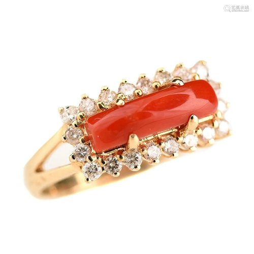 *Coral, Diamond, 14k Yellow Gold Ring.