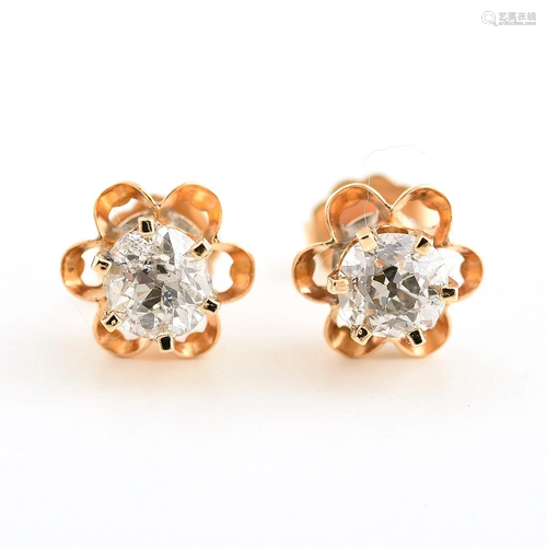 Pair of Diamond, 14k Yellow Gold Stud Earrings.