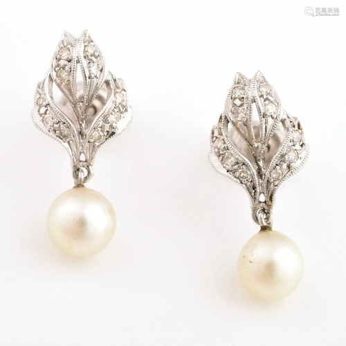 Pair of Cultured Pearl, Diamond, 14k White Gold