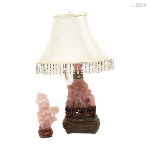 Chinese Rose Quartz Carvings and Lamp