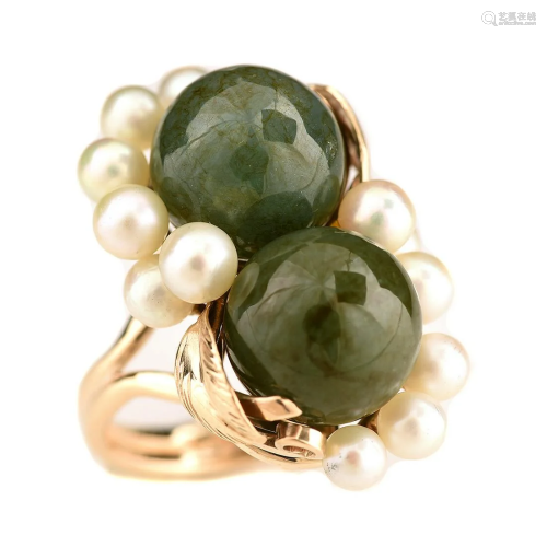 Nephrite Jade, Cultured Pearl, 14k Yellow Gold Ring.
