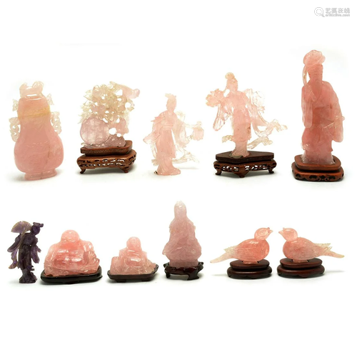 Group of Eleven Chinese Rose Quartz Carvings