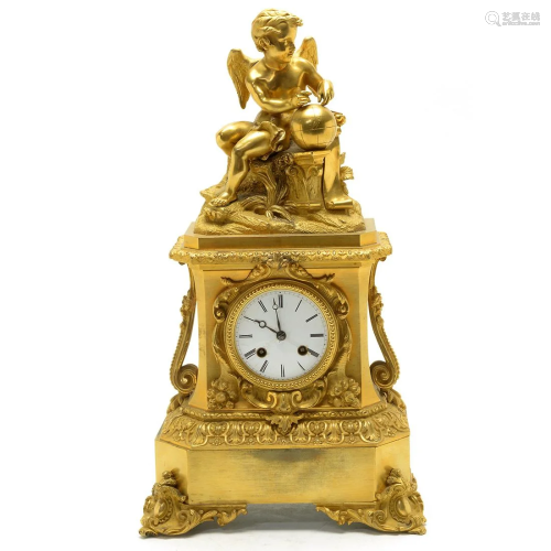 French Regence Gilt Bronze Figural Mantel Clock.