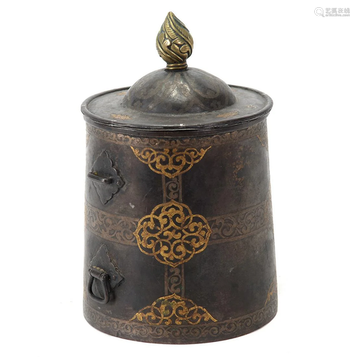 Tibetan Bronze Canister with Gilt Decorations.