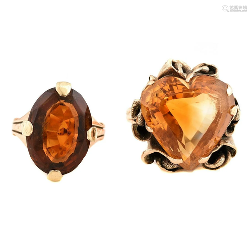 Collection of Two Citrine, 14k Yellow Gold Rings.