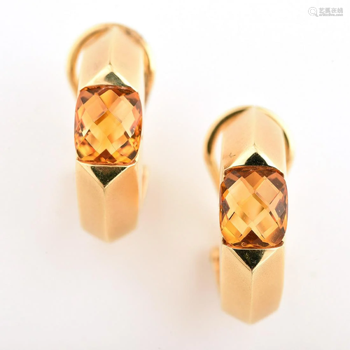 Pair of Citrine, Diamond, 18k Yellow Gold Ear…