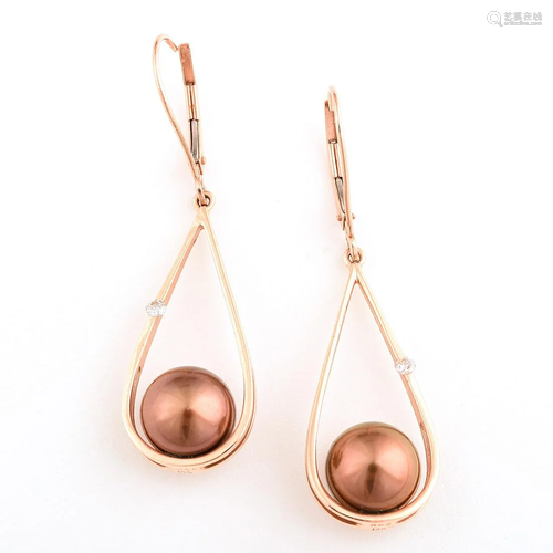 Pair of Cultured Pearl, Diamond, 14k Rose Gold Drop