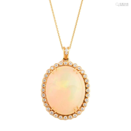 Opal, Diamond, 18k Yellow Gold Pendant Necklace.