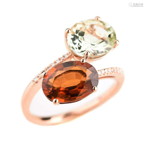 Citrine, Green Quartz, Diamond, 14k Rose Gold Ring.