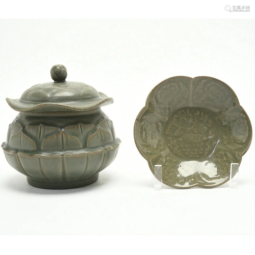 Chinese Molded Lidded Jar and Foliated Dish