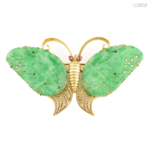 Jade, 14k Yellow Gold Butterfly Brooch.