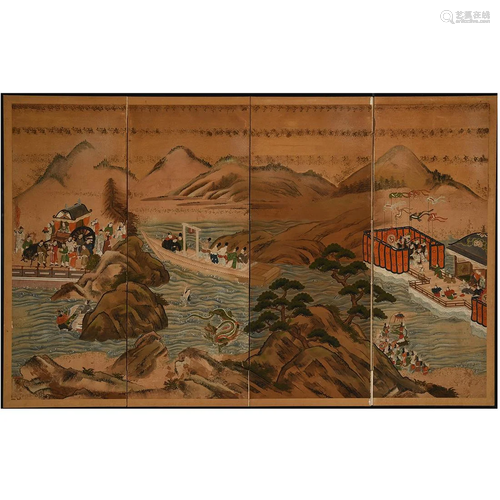 Japanese Four Panel Painted Screen