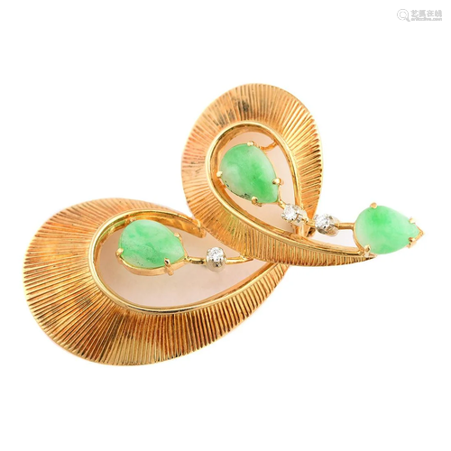 Jadeite Jade, Diamond, 18k Yellow Gold Brooch.