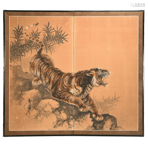 Japanese Painted Paper Two-Panel Folding Screen