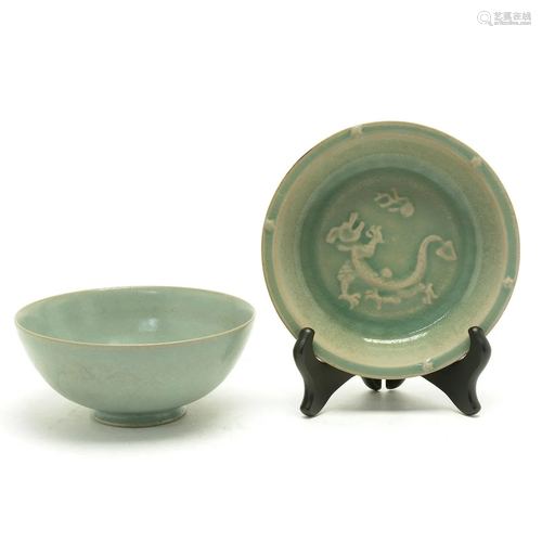 Two Chinese Pale Blue Celadon Glazed Bowls