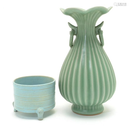 Chinese Celadon Glazed Vase and Tripod Censer