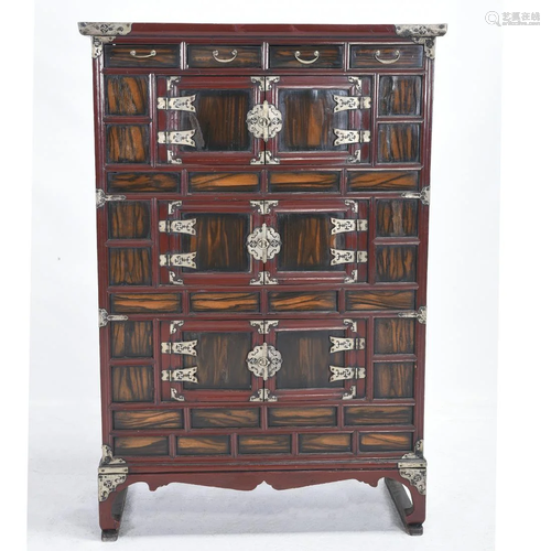 Korean Elmwood and Pearwood Chest on Stand wit…