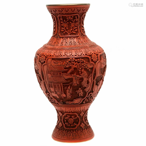 Large Chinese Cinnabar Figural Vase