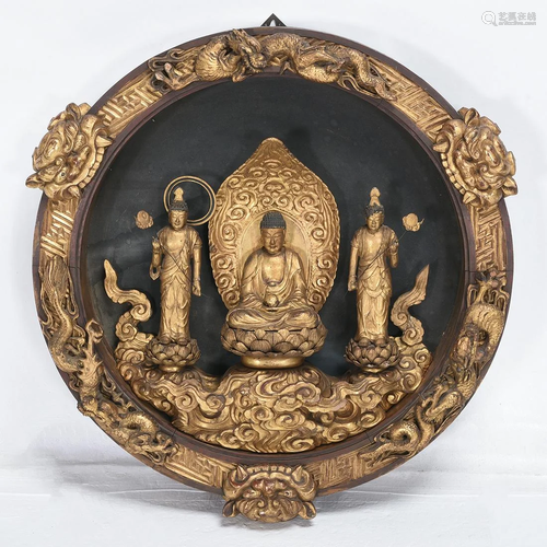 Chinese Carved Rosewood Gilt Buddha Wall D…