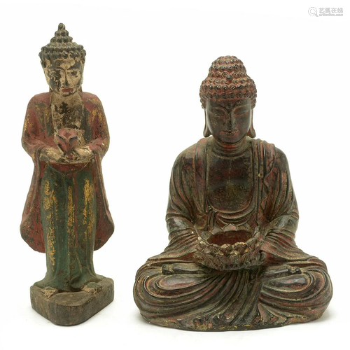 Two Chinese Carved and Painted Wood Buddha Statues