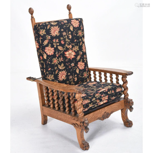 Horner Type Carved Oak Morris Chair.