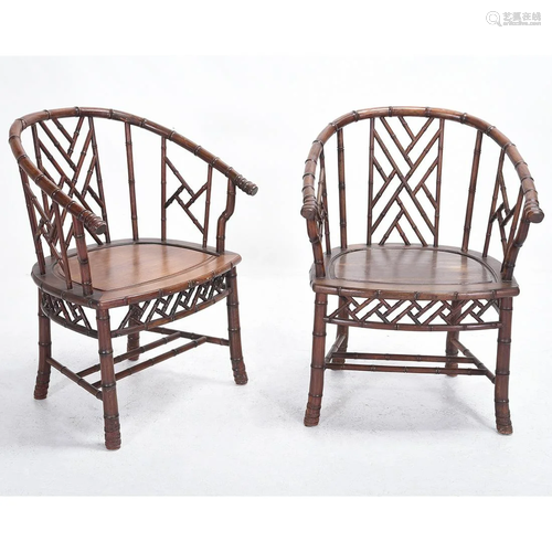 Pair of Chinese Bamboo Simulated Rosewood Armchairs*