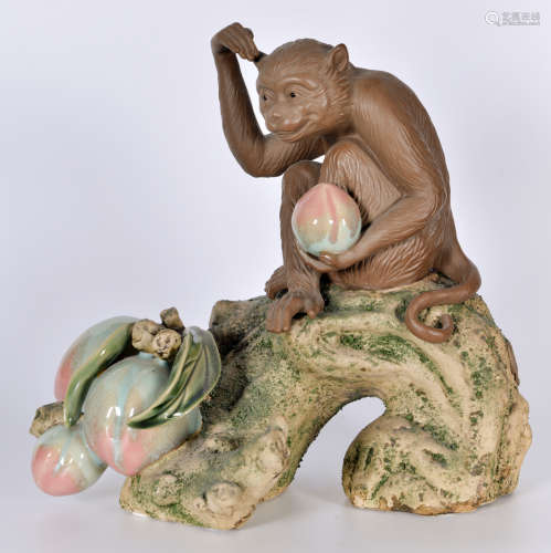 石湾窑 灵猴献寿瓷塑