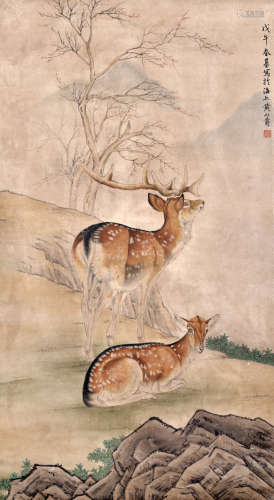 黄山寿（1855~1919） 黄山寿 双鹿图
