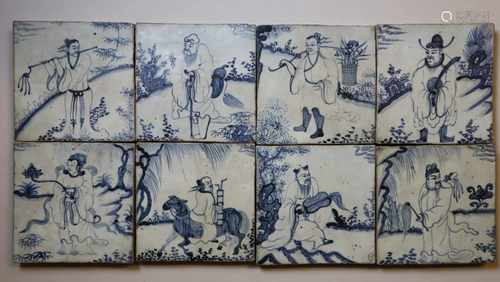 A set of sturdily potted tiles with blue-and-white decoration - 8-pieces