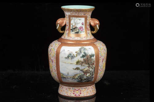 FAMILLE ROSE OPEN MEDALLION 'LANDSCAPE SCENERY' VASE WITH HANDLES