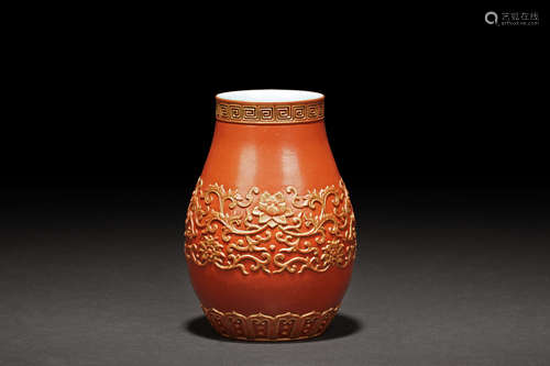 CORAL RED GROUND AND GILT SMALL JAR