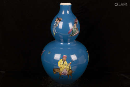 FAMILLE ROSE BLUE GROUND 'EIGHT IMMORTALS' DOUBLE GOURD VASE