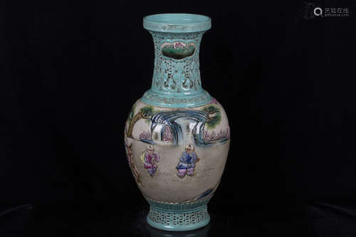 FAMILLE ROSE BLUE GROUND OPENWORK CARVED 'CHILDREN' VASE