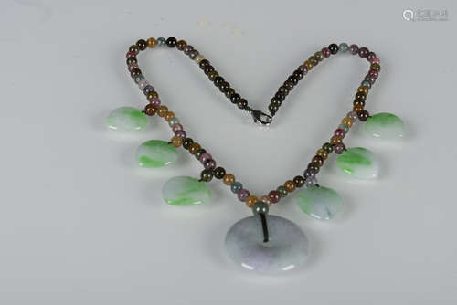 TOURMALINE BEAD NECKLACE WITH JADEITE PENDANTS