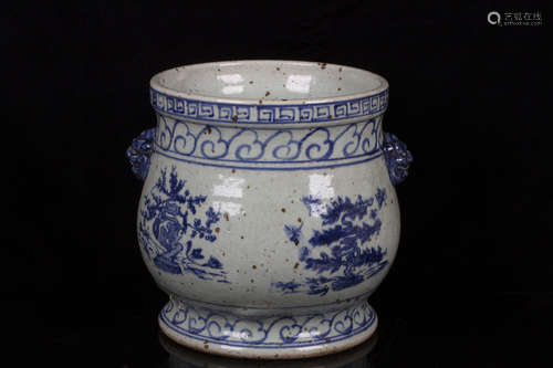 BLUE AND WHITE 'PINE TREES' JAR WITH HANDLES