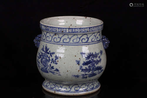 BLUE AND WHITE 'PINE TREES' JAR WITH HANDLES