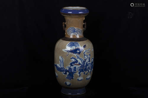 BLUE AND WHITE CARVED 'LANDSCAPE SCENERY' VASE WITH HANDLES