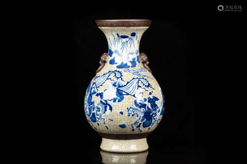 BLUE AND WHITE 'PEOPLE' VASE WITH BEAST MASK HANDLES