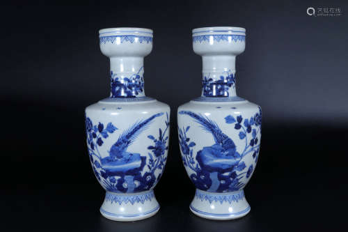 PAIR OF BLUE AND WHITE 'FLOWERS AND BIRDS' VASE