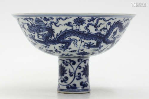 BLUE AND WHITE STEM-BOWL WITH TWO DRAGONS AMONG LOTUS AND TIBETAN SCRIPT,MING DYNASTY, XUANDE PERIOD