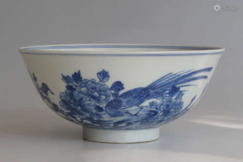 BLUE AND WHITE BOWL WITH BIRD AND FLOWERS DESIGN QING DYNASTY, XIANFENG PERIOD,