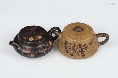 TWO YIXING ZISHA 'FLOWERS' TEAPOT