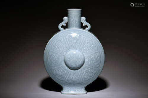 LIGHT BLUE GLAZED 'EIGHT TREASURES' FLASK VASE