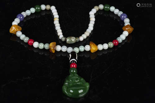 JADEITE BEAD NECKLACE WITH JADEITE CARVED PENDANT