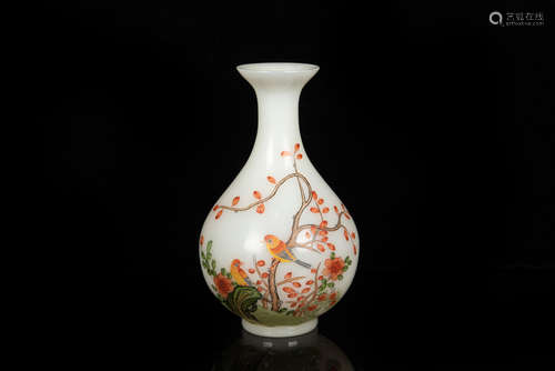 WHITE GLASS 'FLOWERS AND BIRDS' VASE