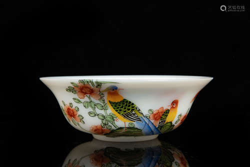 WHITE GLASS 'FLOWERS AND BIRDS' BOWL