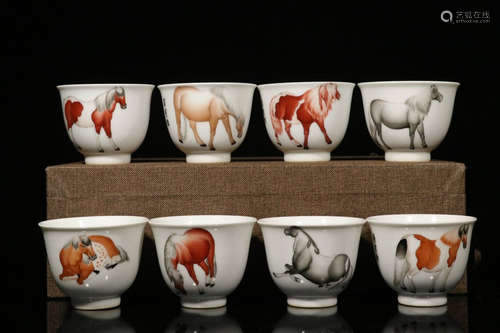 SET OF EIGHT FAMILLE ROSE 'HORSES' CUPS