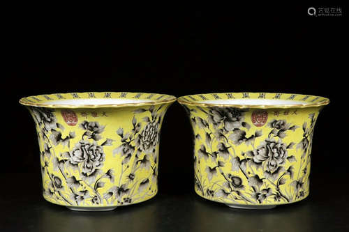 PAIR OF YELLOW GROUND 'FLOWERS' PLANTER WITH EVERT RIMS